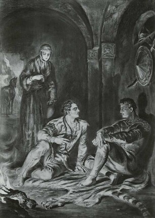 Illustration zur 'Geschichte Grusiens', Awtanoil und Tariel am Lagerfeuer