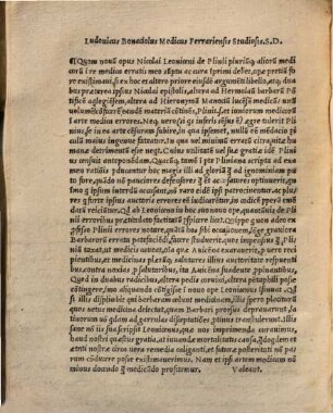 Nicolai Leoniceni De Plinii, & plurium aliorum medicorum in medicina erroribus