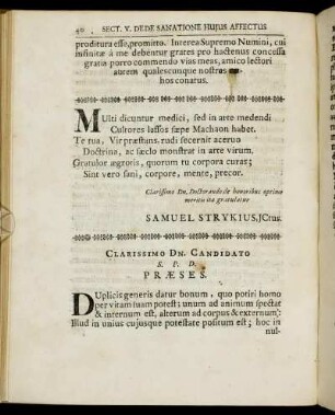 Clarissimo Dn. Candidato S. P. D. Præses.
