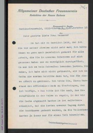 Brief von Helene Lange an Minna Naumann
