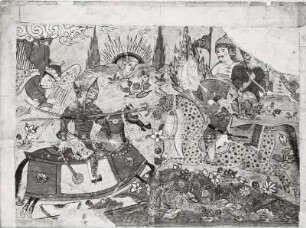 Ali b. Abi Talib zu Pferde tötet seinen ebenfalls berittenen Gegner mit dem dhu-l-faqar, fol. 1b (Seite 100) : Ali b. Abi Talib zu Pferde tötet seinen ebenfalls berittenen Gegner mit dem dhu-l-faqar, fol. 1b (Seite 100). Deckfarben; 41,5 x 60 cm (beschnitten). Aus: Falnameh. Dresden: SLUB Mscr.Dresd.Eb.445
