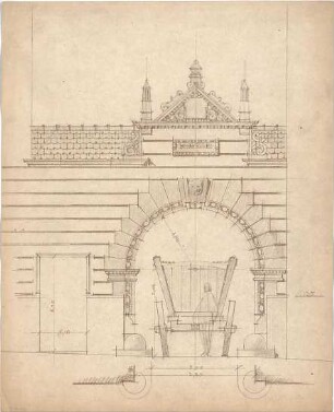 Schultz, Fritz; Deutschland; Frankreich; Niederlande; Reiseskizzen und Bauaufnahmen - Teilfassade mit Portal (Teilgrundriss, Ansicht)