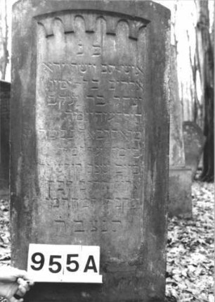 Grabstein 955 (Index: 99899479) Material: Sandstein Zustand: stark verwittert Maße HxBxT: 120x51x16 cm Beschreibung: aufgesockelte Stele mit Segmentbogenabschluss, über der Inschrift Spitzbogenfries Symbolik: Spitzbogenfries: Grabstein 955A