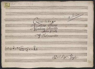 Quartets, vl (2), vla, vlc, SchV 294, Es-Dur - BSB Mus.ms. 288-22 : [title, vla:] Quartetto IV // Violino Primo // Violino Secondo // Alto Viola // et // Violoncello // [Incipit] // Del Sig Vogler