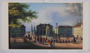 Dresden, der Neustädter Markt nach Süden mit dem Reiterstandbild August des Starken (Goldener Reiter) und der Neustädter Wache (Blockhaus), im Hintergrund die Augustusbrücke und die Altstadt