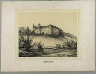 Schloss Lauenstein (Altenberg) von Nordosten aus dem Müglitztal, aus dem Album der Rittergüter und Schlösser im Königreiche Sachsen