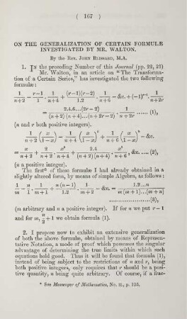On the generalization of certain formulae investigated by Mr. Walton.