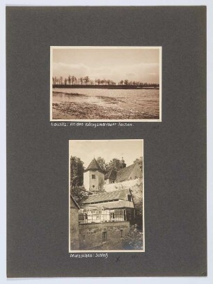 Referenzmappe 3/17 des Fotografen Walter Möbius : Mappenblatt 79 mit zwei Fotografien (Teichlandschaft bei Königswartha und Schloss Mutzschen)