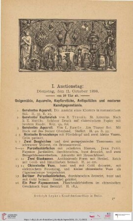 I. Auctionstag: Dienstag, den 11. October 1898 (Nr. 1 - 230)