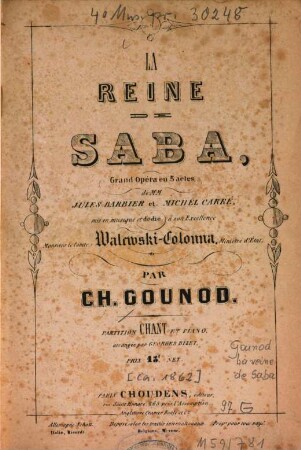 La reine de Saba : grand opéra en 5 actes de Jules Barbier et Michel Carré ...