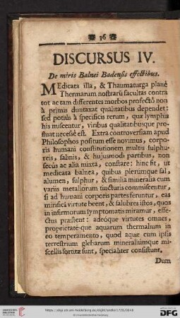 Discursus IV: De miris Balnei Badensis effectibus