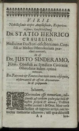Viris Nobilissimis atque Amplissimis [...] Dn. Statio Henrico Crauelio [...] Dn. Justo Sinderamo [...