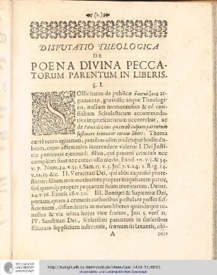Disputatio Theologica de poena divina peccatorum parentum in liberis. §I-XXIV