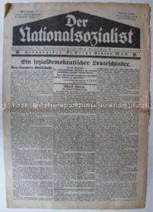 Regionale NS-Wochenzeitung "Der Nationalsozialist" mit dem Aufruf an die NSDAP-Mitglieder, Maifeiern der Arbeiter nicht zu stören