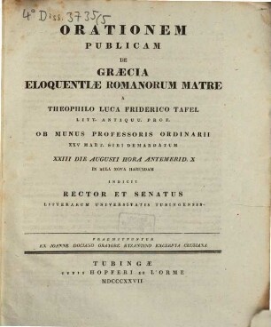 Oratio de Graecia, eloquentiae Romanorum matre : praemittuntur ex Ioanne Dociano, oratore Byzantino, excerpta Crusiana