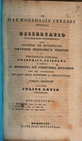 De haemorrhagia cerebri nonnulla : Diss. inaug. path.