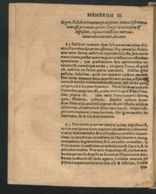 Membrum III. In quo, Calidum innatum praecipium animae instrumentum esse per omnes partes Corporis extensum & diffusum ...