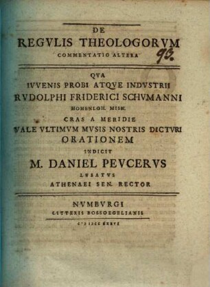 De regulis theologorum commentatio altera : qua ... indicit Daniel Peucerus