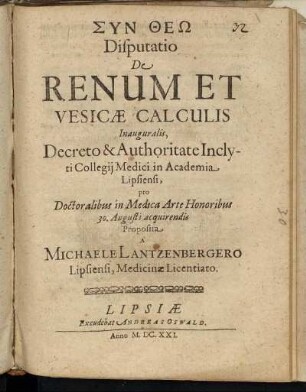 Disputatio De Renum Et Vesicae Calculis Inauguralis