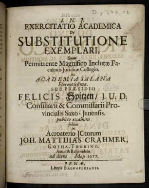 Exercitatio Academica De Substitutione Exemplari