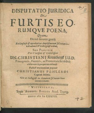 Disputatio Iuridica De Furtis Eorumque Poena