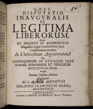 Disputatio Inauguralis De Legitima Liberorum