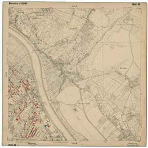 Schadensplan der Stadt Dresden. Bearbeitet 1945/1946 vom Stadtplanungsamt Dresden. [Grundlagenkarte: Plan von Dresden. Blatt 1 [Altstadt, Neustadt], mit Legende zum Zerstörungsgrad (schwarz - total zerstört; blau - schwer beschädigt; grün - mittelschwer beschädigt; rot - leicht beschädigt) : Plan von Dresden. 1911/13/38/39/40. Blatt 1-12. 14-22, 24, 27, 29, 36, 39, 41-42. Bearb. Vom Vermessungsamt. 1:5000. 1.-9.,11., 13., 14. Aufl. Dresden 1911/13/38/39/40. 50 x 50 cm. Die Blätter 23, 25, 28 und 40 sind nur unter Schadensplan zu finden.