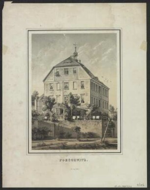 Ansicht eines Gebäudes in Poeschwitz, Lithografie, um 1860? : Poeschwitz. - [Leipzig] : Werl , [1860?]. - 1 Kunstbl. : Lithogr. ; 15 x 21 cm
