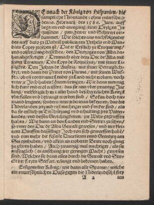 Demnach der König von Hispanien/ die samptliche Niderlanden ohne unterscheid den 16. Februarii/ des 1586. Jars ...