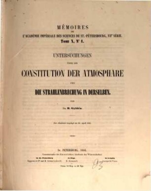 Untersuchungen über die Constitution der Atmosphäre und die Strahlenbrechung in derselben, [1]