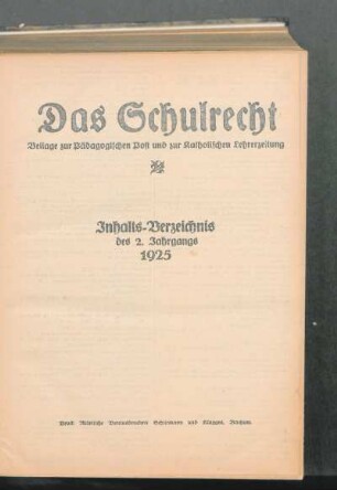 Inhalts-Verzeichnis des 2. Jahrgangs 1925