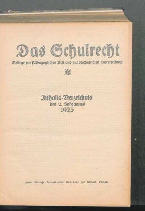 Inhalts-Verzeichnis des 2. Jahrgangs 1925