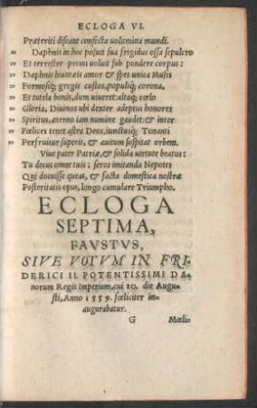 Ecloga Septima, Faustus, sive Votum In Friderici II. Potentissimi Danorum Regis Imperium, cui 20. die Augusti, Anno 1559. foeliciter inaugurabatur.