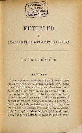 Ketteler et l'organisation sociale en Allemagne
