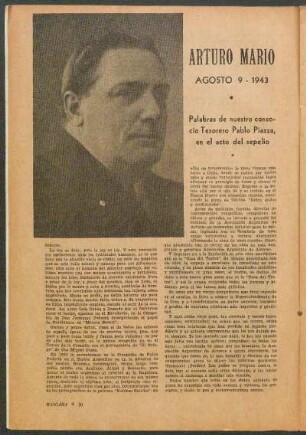 Arturo Mario : Agosto 9. 1943 - Palabras de nuestro consocio Tesorero Pablo Piazza, en el acto del sepelio