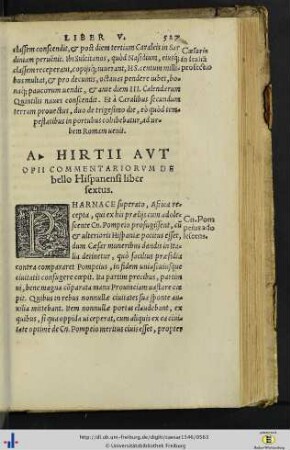 A. Hirtii aut Opii Commentariorum de bello Hispaniensi liber sextus.