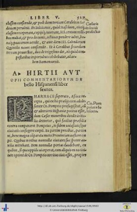 A. Hirtii aut Opii Commentariorum de bello Hispaniensi liber sextus.
