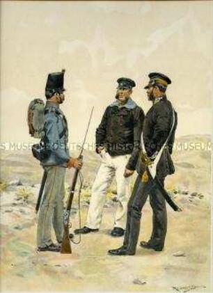 Uniformdarstellung, Gemeiner der Marine-Infanterie, Gemeiner und Unteroffizier der Marine-Artillerie, Österreich, 1856. Tafel 88 aus: Ottenfeld/Teuber: Die österreichische Armee.