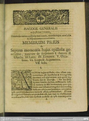 Isagoge Generalis In Epistolam I. Ioannis, Generalia totius epistolae momenta, eiusdemque analysin & dispositionem continens