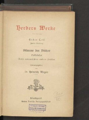 Teil 1, Abt. 2: Stimme der Völker : Volkslieder nebst untermischten andern Stücken
