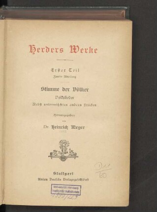 Teil 1, Abt. 2: Stimme der Völker : Volkslieder nebst untermischten andern Stücken