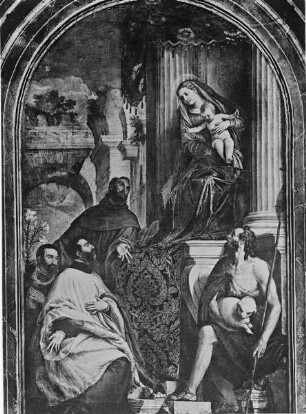 Thronende Madonna mit Kind und vier Heiligen