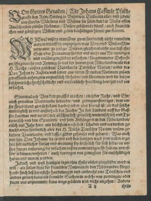 Von Gottes Genaden/ Wir Johans Casimir Pfaltzgraffe bey Rein/ ...