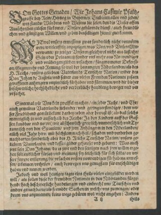 Von Gottes Genaden/ Wir Johans Casimir Pfaltzgraffe bey Rein/ ...