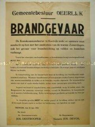 Maueranschlag für das besetzte Belgien mit der Verordnung über Brandschutzverhalten