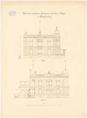 Wohnhaus Hermann Vogler, Quedlinburg Monatskonkurrenz Januar 1890 (nicht die Originalzeichnung): Aufriss Westansicht, Südansicht 1:100