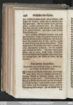 Das zweyte Hauptstück. Cyrus stellet einen prächtigen Aufzug zu Pferde an, auf welchen ein Gastgebot folget.