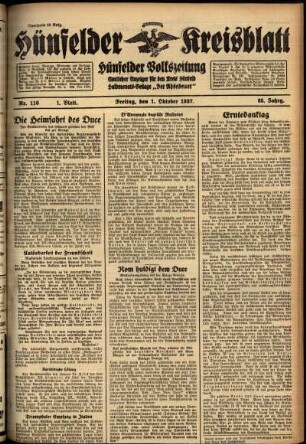 Erste Ausgabe vom Freitag, den 01. Oktober 1937.