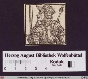 Brustbildnis eines Fürsten mit Schwert und Szepter in Rückenansicht im Profil nach links.