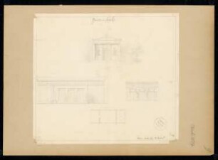 Gartensaal Monatskonkurrenz Oktober 1827: Grundriss Erdgeschoss, Aufriss Vorderansicht, Seitenansicht, Innenansicht des Salons; Maßstabsleiste